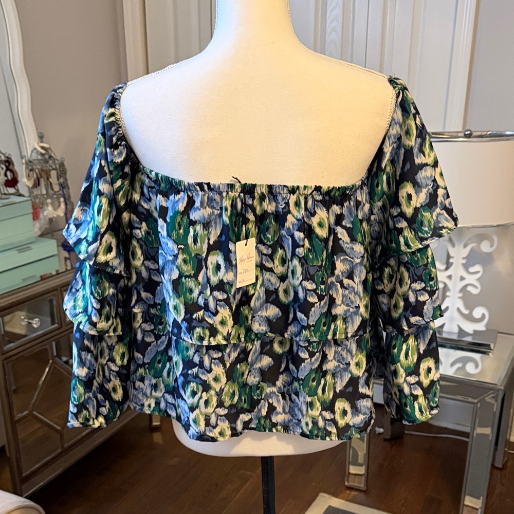 Glam Floral Silky Off-Shoulder Top - Blue, Green & Cream Small
